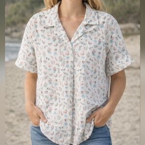 Duluth Trading Co Womens Popover Shirt Blouse sz M Flamingos Popsicles Beach Vac